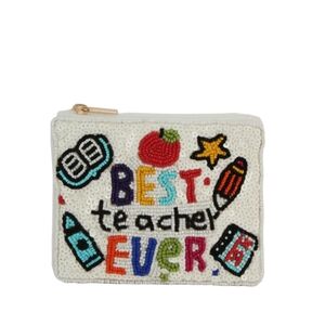 #92451 Trendy Chic Fabulous BEST TEACHER EVER Beaded Coin/Lipstick Purse Pouch
